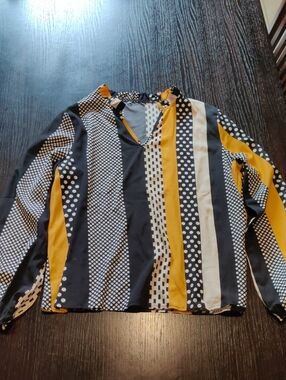 Striped & Polka Dot V-Neck Blouse in Black, Mustard & Cream